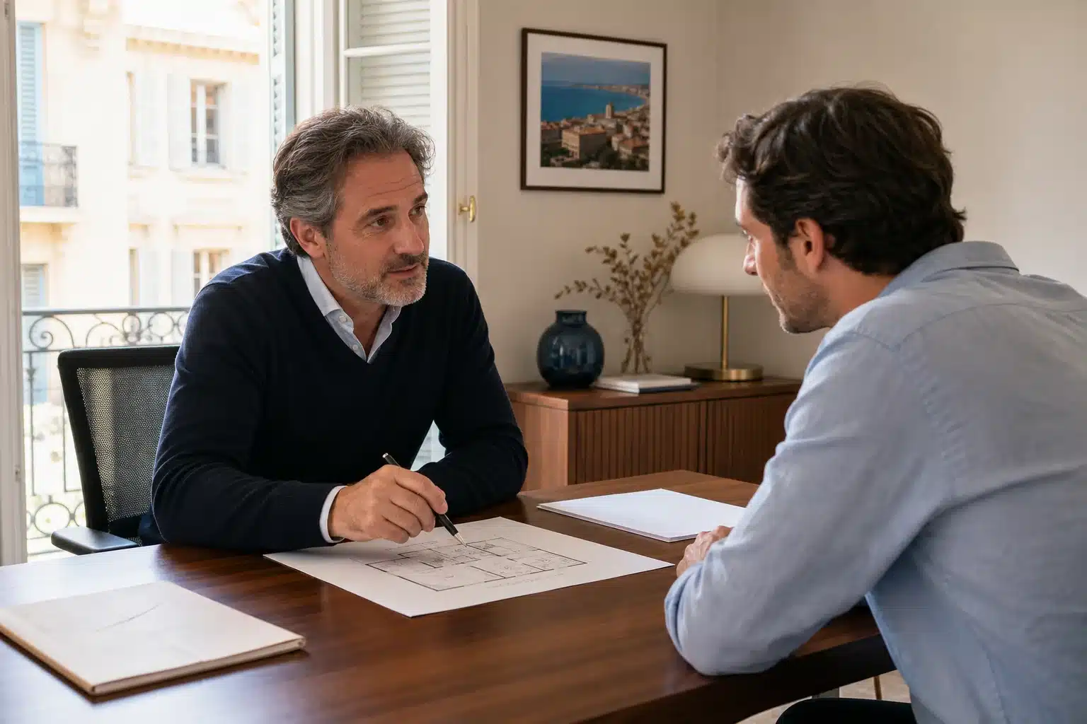 Courtier conseillant un propriétaire sur son assurance PNO à Nice