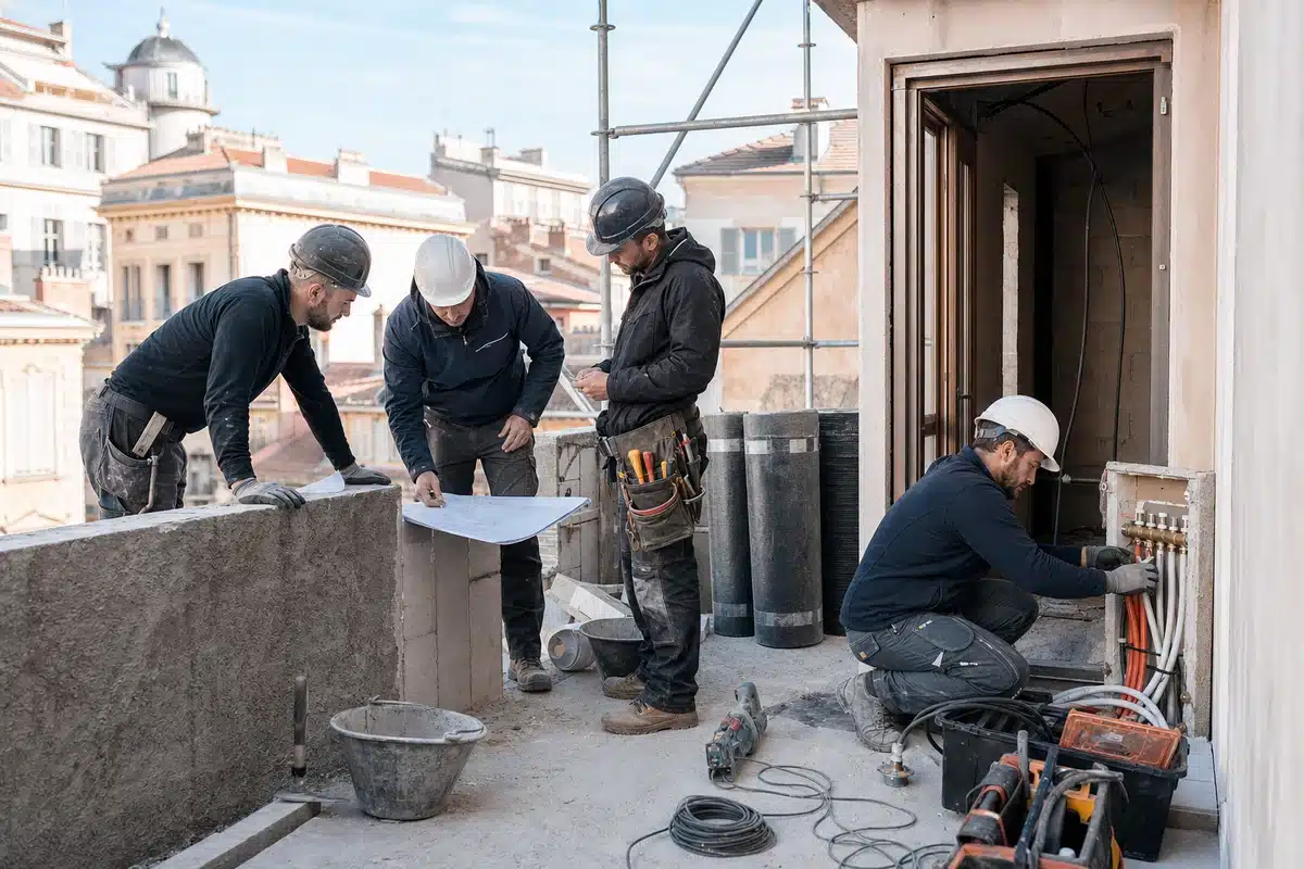 Équipe de professionnels du BTP intervenant sur un chantier à Nice