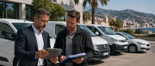 Courtier présentant une assurance flotte automobile à un dirigeant devant des véhicules professionnels à Nice
