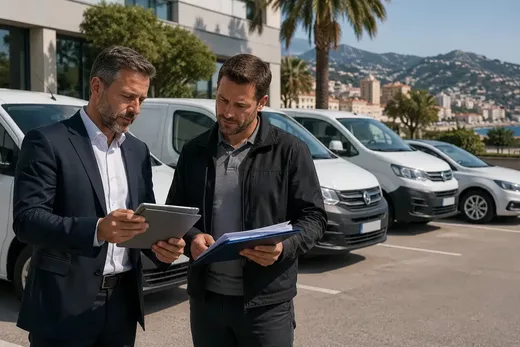 Courtier présentant une assurance flotte automobile à un dirigeant devant des véhicules professionnels à Nice