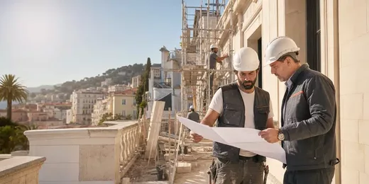 Professionnels du bâtiment consultant des plans sur un chantier à Nice