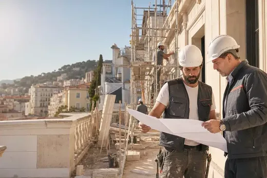 Professionnels du bâtiment consultant des plans sur un chantier à Nice