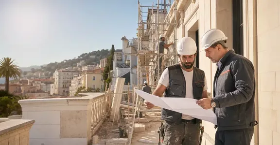 Professionnels du bâtiment consultant des plans sur un chantier à Nice
