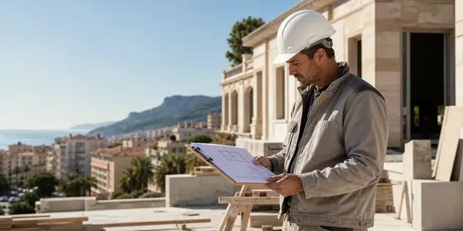 Artisan du bâtiment consultant des plans sur un chantier à Nice pour une demande de devis d’assurance décennale