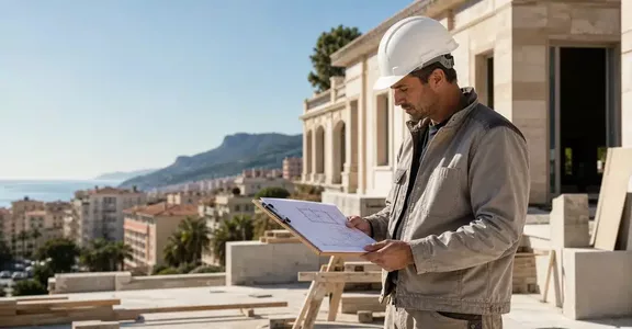 Artisan du bâtiment consultant des plans sur un chantier à Nice pour une demande de devis d’assurance décennale