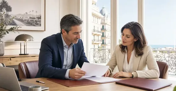 Courtier en assurance et entrepreneuse examinant un devis d’assurance RC Pro dans un bureau à Nice