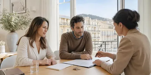 Couple échangeant avec une courtière à Nice autour d’un devis d’assurance emprunteur.