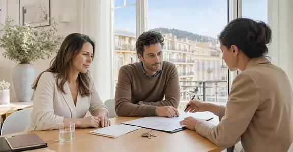 Couple échangeant avec une courtière à Nice autour d’un devis d’assurance emprunteur.